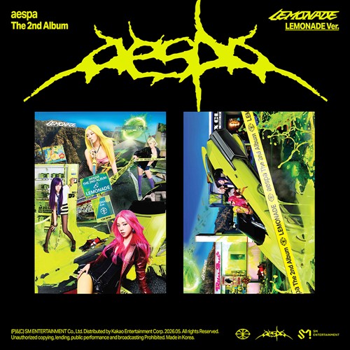 Promotional poster for aespa's 2nd album 'Lemonade' with album cover images and branding.