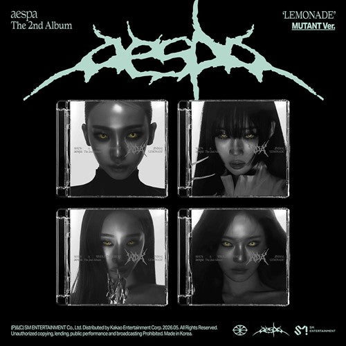 Album cover for aespa's 2nd album 'Lemonade' with four character portraits on a black background.