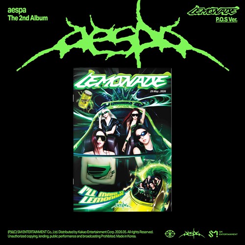 Album cover for aespa's 'Lemonade' with green text and images of the band members.