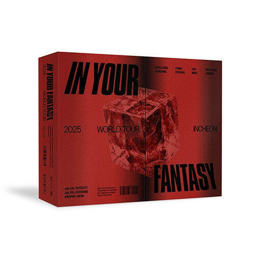 A red box set for Incheon's 'In Your Fantasy 2025 World Tour' featuring a large translucent red ice cube graphic on the front, photographed on a clean white background.