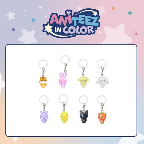 Set of colorful keychains with 'Amiteez in Color' branding on a gradient background.