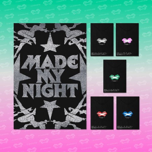 A product display showing a large black poster with silver glitter-style text reading 'MADE MY NIGHT' and a star motif, alongside five smaller black apparel items with matching bow-shaped graphic accents in silver, pink, green, red, and blue. The background is a teal-to-pink gradient with repeated bow icons.