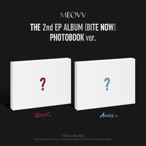Two white boxes with question marks and 'Beast' and 'Angel' logos on a black background, featuring MEOVV album packaging.