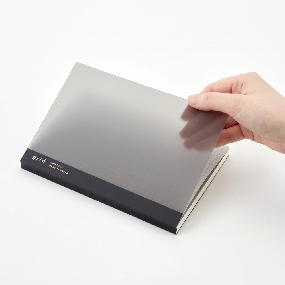 Hand holding a clear plastic sheet over a notebook on a white background