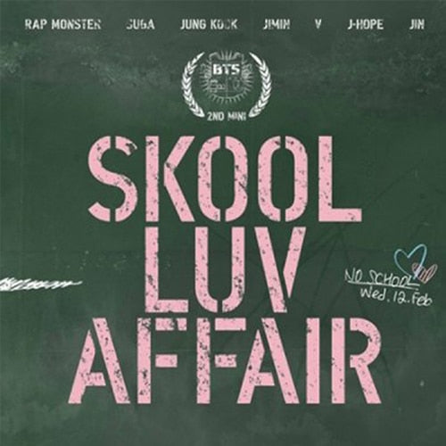 Promotional image for BTS 2nd Mini Album 'SKOOL LUV AFFAIR' with album title and members' names on a chalkboard background.