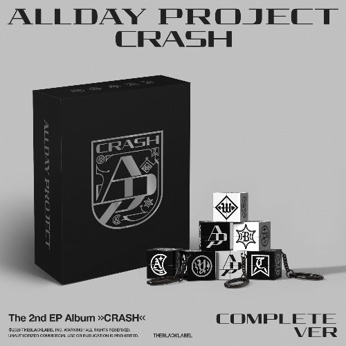 Picture of ALLDAY PROJECT The 2nd EP Album [CRASH] (COMPLETE Ver.) album cover is black and cube keychains with different designs. 