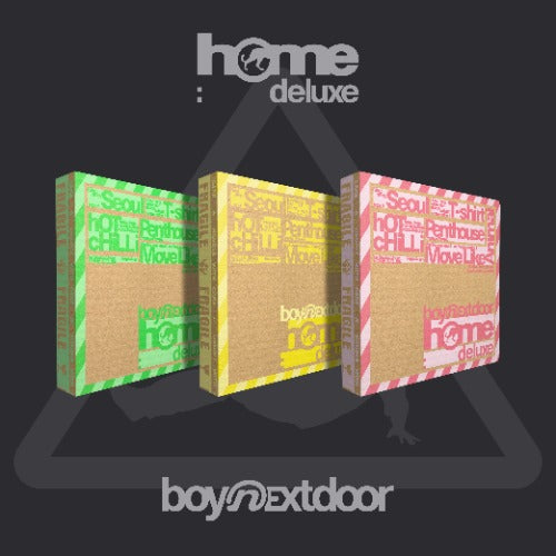 Picture of BOYNEXTDOOR 1st Studio Album Repackage [HOME : DELUXE] (HAZE Ver. / OVERDRIVE Ver. / SPARK Ver.) The three versions are colored green, yellow and red. the background of the picture is black.