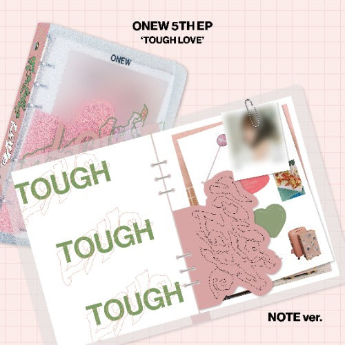 Notebook with 'TOUGH' text and decorative elements on a pink checkered background