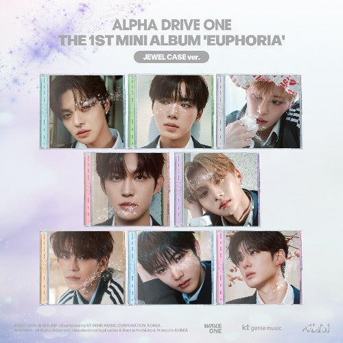 Promotional image for Alpha Drive One's 1st mini album 'Euphoria' with album cover images.