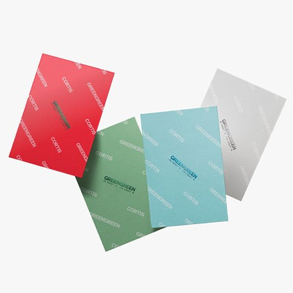 Four colorful paper samples with 'GreenGreen' branding on a white background