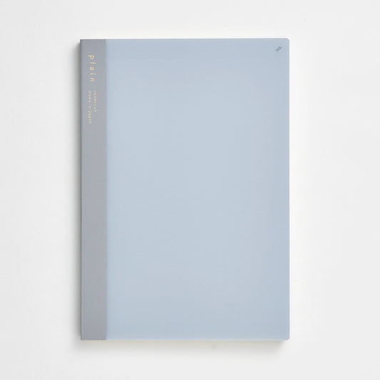 Light blue notebook with gray spine on a white background