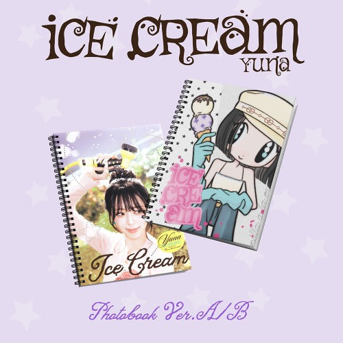 Two photo books titled 'Ice Cream' with illustrations and text on a light purple background