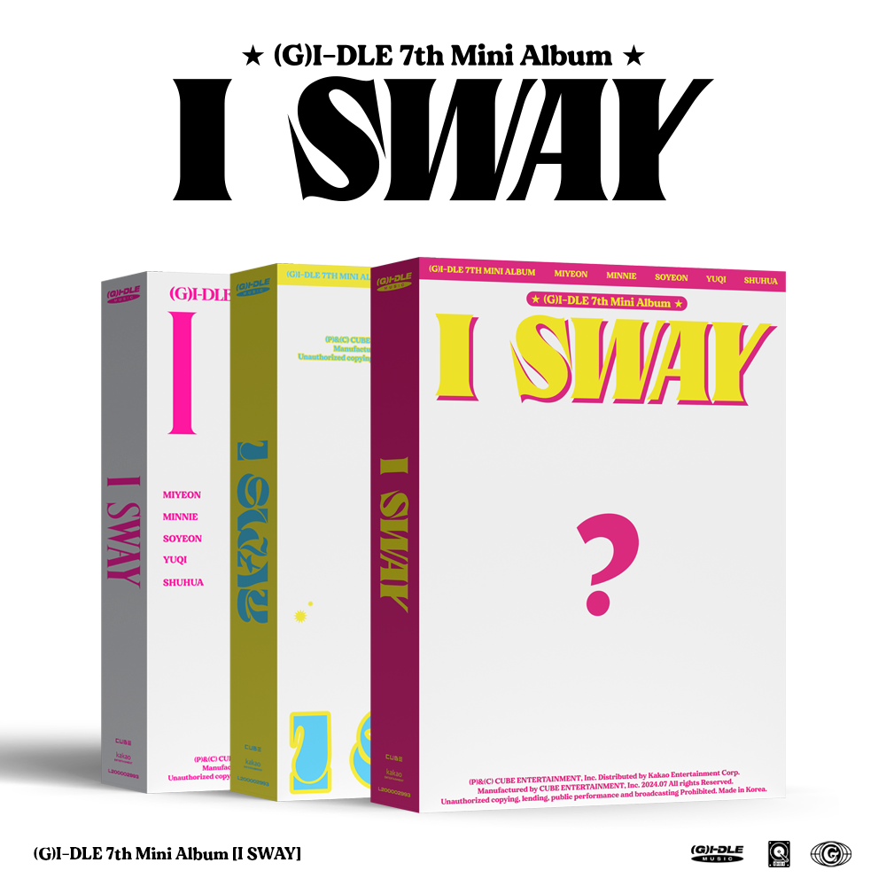 Three album boxes for (G)I-DLE 7th Mini Album 'I SWAY' on a white background