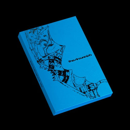 Blue album with black illustrations and text on a black background