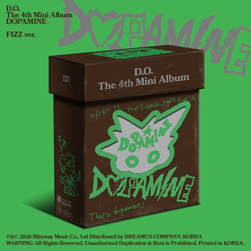 D.O. 4TH MINI ALBUM, BLACK BOX WITH GREEN BACKGROUND. DOPAMINE IS THE TITLE OF THE ALBUM