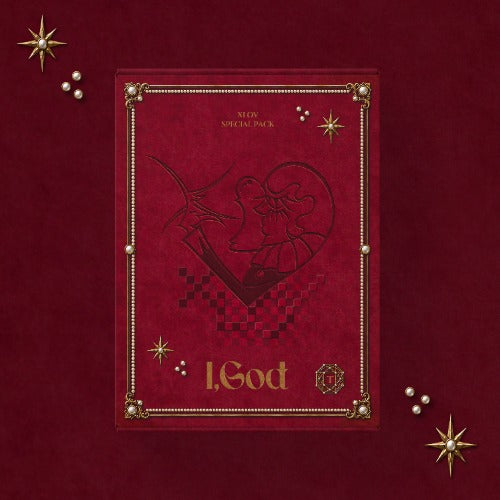 Red product packaging with gold accents and 'I.God' branding on a red background