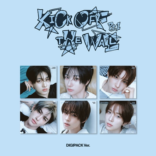 picture of KickFlip – The 5th Mini album [KICK OFF THE WALL Pt.1] (DIGIPACK Ver.), with picture of members on each individual digi pack with light blue background. 