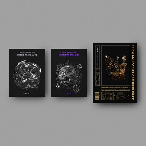Three black album covers with 'Disharmony' branding on a gray background