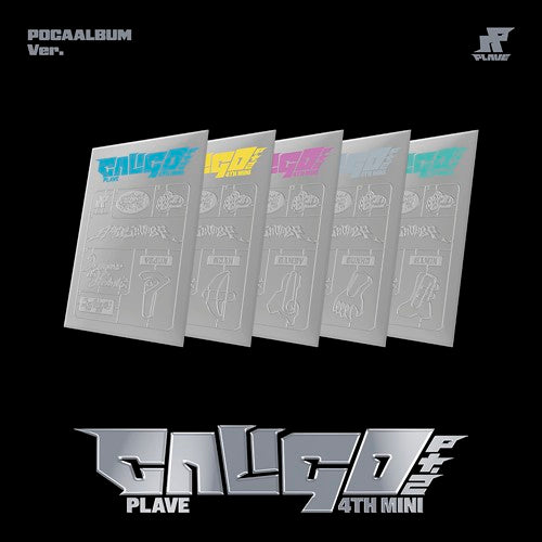 picture of pocca album of KPOP group PLAVE 4th mini album, silver with different colors and title of Album Caligo w/black background