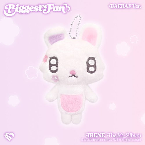 Plushie version of IRENES Biggest Fan album. White bunny with purple and pink details on a pink background.
