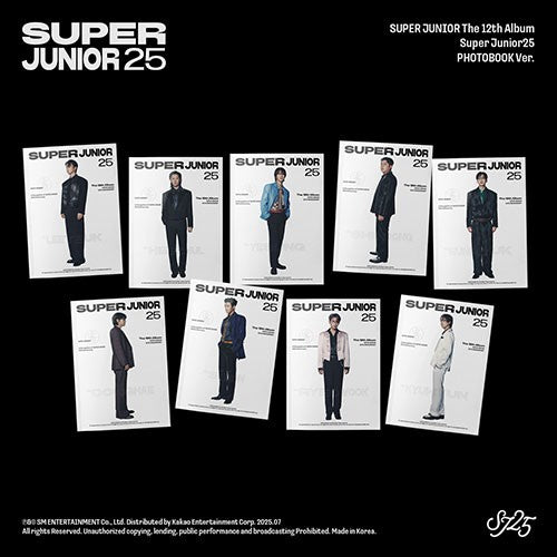 Album image for Super Junior's 12th album 'Super Junior25' with character illustrations on a black background.
