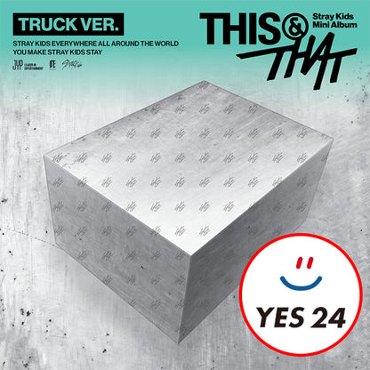 Promotional graphic for the 'This & That' Stray Kids Mini Album 'Truck Ver.' showing a metallic silver box with a repeating logo pattern, set against a textured gray background with teal gradient accents and text overlays.
