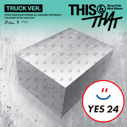 Promotional graphic for the 'This & That' Stray Kids Mini Album 'Truck Ver.' showing a metallic silver box with a repeating logo pattern, set against a textured gray background with teal gradient accents and text overlays.